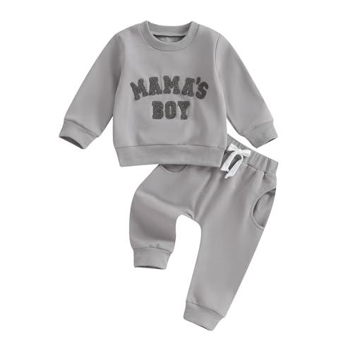 Geagodelia Baby Jungen Kleidung Outfit Babykleidung Set Langarmshirt Sweatshirt + Hose Neugeborene Weiche Babyset Mama's Boy Zweiteiler (D - Grau, 12-18 Monate) von Geagodelia