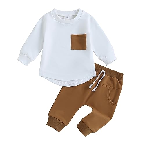 Geagodelia Baby Jungen Kleidung Outfit Babykleidung Set Langarmshirt Sweatshirt + Hose Neugeborene Weiche Babyset Zweiteiler Patchwork (A - Weiß, 12-18 Monate) von Geagodelia