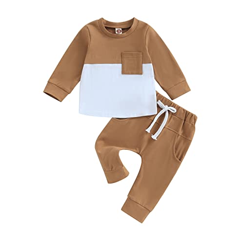 Geagodelia Baby Jungen Kleidung Outfit Babykleidung Set Langarmshirt Sweatshirt + Hose Neugeborene Weiche Babyset Zweiteiler Patchwork (B - Braun, 0-6 Monate) von Geagodelia