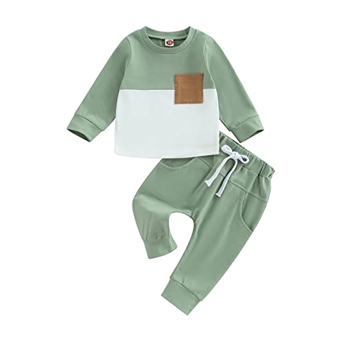 Geagodelia Baby Jungen Kleidung Outfit Babykleidung Set Langarmshirt Sweatshirt + Hose Neugeborene Weiche Babyset Zweiteiler Patchwork (B - Grün, 0-6 Monate) von Geagodelia