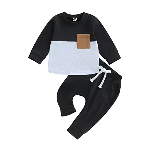 Geagodelia Baby Jungen Kleidung Outfit Babykleidung Set Langarmshirt Sweatshirt + Hose Neugeborene Weiche Babyset Zweiteiler Patchwork (B - Schwarz, 0-6 Monate) von Geagodelia