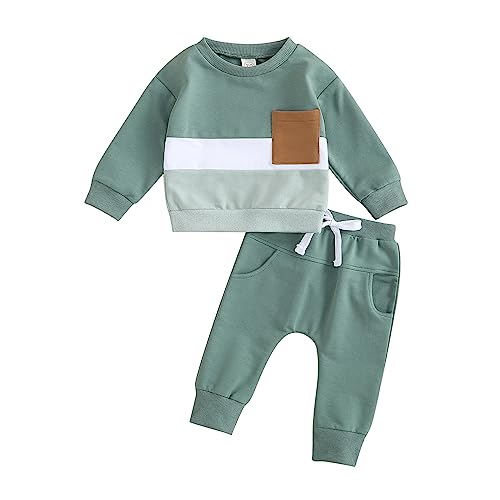 Geagodelia Baby Jungen Kleidung Outfit Babykleidung Set Langarmshirt Sweatshirt + Hose Neugeborene Weiche Babyset Zweiteiler Patchwork (C - Grün, 6-12 Monate) von Geagodelia