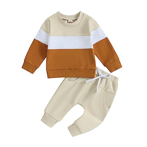 Geagodelia Baby Jungen Kleidung Outfit Babykleidung Set Langarmshirt Sweatshirt + Hose Neugeborene Weiche Babyset Zweiteiler Patchwork (D - Beige & Braun, 12-18 Monate) von Geagodelia