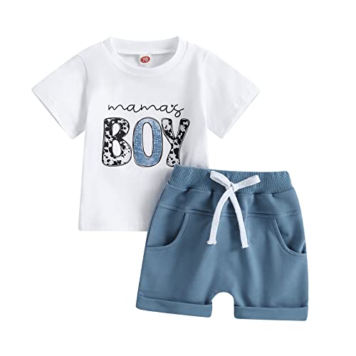 Geagodelia Baby Jungen Kleidung Outfit Babykleidung Set Mama's Boy T-Shirt Top + Shorts Neugeborene Kleinkinder Weiche Babyset Sommer Zweiteiler (A - Weiß & Blau, 0-6 Monate) von Geagodelia