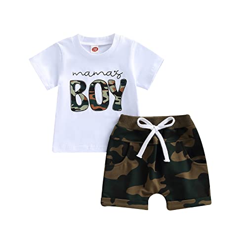 Geagodelia Baby Jungen Kleidung Outfit Babykleidung Set Mama's Boy T-Shirt Top + Shorts Neugeborene Kleinkinder Weiche Babyset Sommer Zweiteiler (B - Weiß & Camouflage, 12-18 Monate) von Geagodelia
