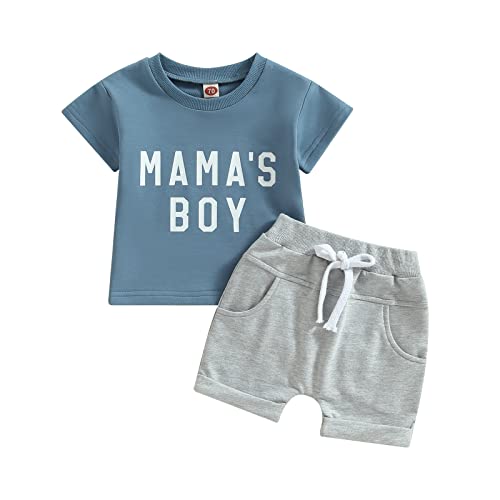 Geagodelia Baby Jungen Kleidung Outfit Babykleidung Set Mama's Boy T-Shirt Top + Shorts Neugeborene Kleinkinder Weiche Babyset Sommer Zweiteiler (C - Blau & Grau, 12-18 Monate) von Geagodelia