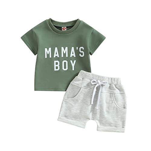 Geagodelia Baby Jungen Kleidung Outfit Babykleidung Set Mama's Boy T-Shirt Top + Shorts Neugeborene Kleinkinder Weiche Babyset Sommer Zweiteiler (C - Grün & Hellgrau, 12-18 Monate) von Geagodelia