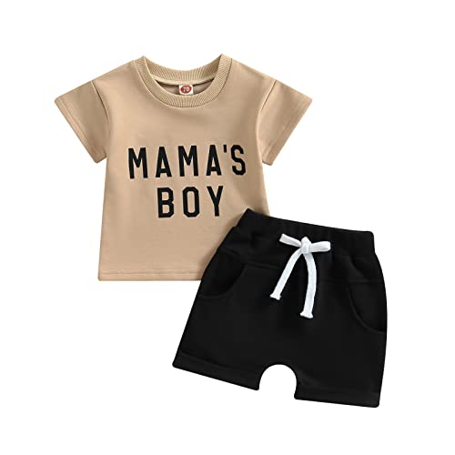 Geagodelia Baby Jungen Kleidung Outfit Babykleidung Set Mama's Boy T-Shirt Top + Shorts Neugeborene Kleinkinder Weiche Babyset Sommer Zweiteiler (C - Khaki & Schwarz, 12-18 Monate) von Geagodelia