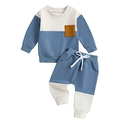 Geagodelia Baby Jungen Kleidung Outfit Babykleidung Set Sweatshirt Langarmshirt + Hose Neugeborene Weiche Babyset Patchwork Zweiteiler (Blau & Weiß, 12-18 Monate) von Geagodelia