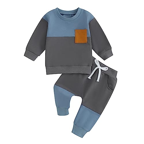 Geagodelia Baby Jungen Kleidung Outfit Babykleidung Set Sweatshirt Langarmshirt + Hose Neugeborene Weiche Babyset Patchwork Zweiteiler (Grau & Blau, 0-6 Monate) von Geagodelia