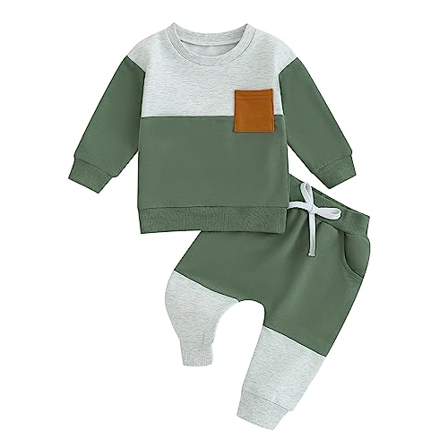 Geagodelia Baby Jungen Kleidung Outfit Babykleidung Set Sweatshirt Langarmshirt + Hose Neugeborene Weiche Babyset Patchwork Zweiteiler (Grün & Hellgrau, 0-6 Monate) von Geagodelia