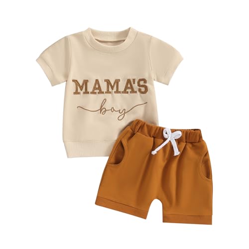 Geagodelia Baby Jungen Kleidung Outfit Babykleidung Set T-Shirt Top + Shorts Neugeborene Kleinkinder Weiche Babyset Sommer Zweiteiler (Braun 52 - Mama's Boy, 12-18 Monate) von Geagodelia