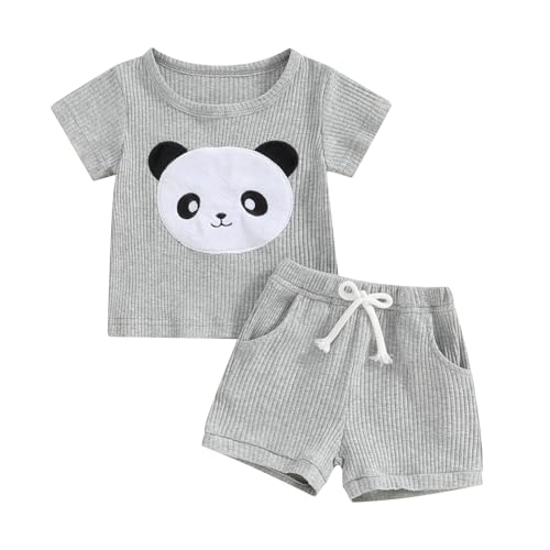Geagodelia Baby Jungen Kleidung Outfit Babykleidung Set T-Shirt Top + Shorts Neugeborene Kleinkinder Weiche Babyset Sommer Zweiteiler (Grau 22 - Panda, 12-18 Monate) von Geagodelia