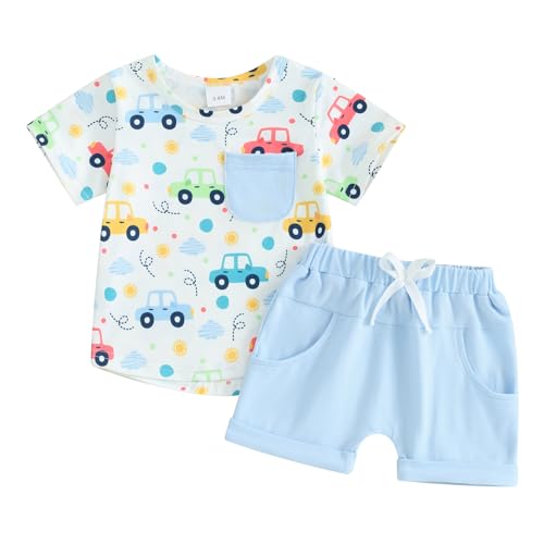 Geagodelia Baby Jungen Kleidung Outfit Babykleidung Set T-Shirt Top + Shorts Neugeborene Kleinkinder Weiche Babyset Sommer Zweiteiler (Hellblau 02 - Auto, 6-12 Monate) von Geagodelia