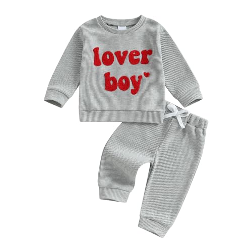 Geagodelia Baby Jungen Kleidung Outfit Valentinstag Babykleidung Set Langarmshirt Top + Hose Neugeborene Kleinkinder Weiche Babyset (Grau - Lover Boy, 0-6 Monate) von Geagodelia