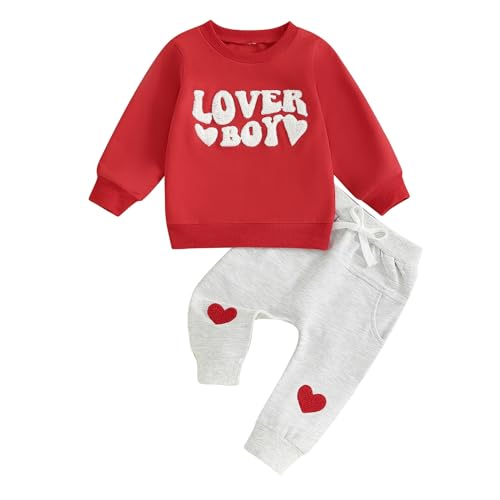 Geagodelia Baby Jungen Kleidung Outfit Valentinstag Babykleidung Set Langarmshirt Top + Hose Neugeborene Kleinkinder Weiche Babyset (Rot - Lover Boy, 6-12 Monate) von Geagodelia