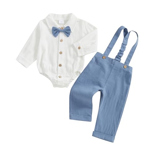 Geagodelia Baby Jungen Kleidung Taufanzug Outfit Babykleidung Set Langarm Body Strampler + Hose mit Hosenträger Neugeborene Weiche Babyset Zweiteiler (Blau, 0-3 Monate) von Geagodelia