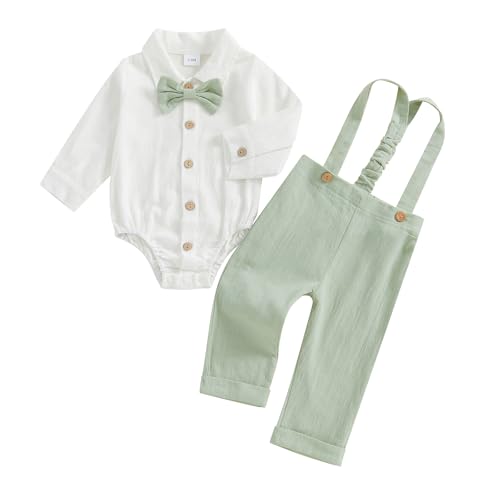Geagodelia Baby Jungen Kleidung Taufanzug Outfit Babykleidung Set Langarm Body Strampler + Hose mit Hosenträger Neugeborene Weiche Babyset Zweiteiler (Grün, 6-9 Monate) von Geagodelia