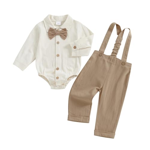 Geagodelia Baby Jungen Kleidung Taufanzug Outfit Babykleidung Set Langarm Body Strampler + Hose mit Hosenträger Neugeborene Weiche Babyset Zweiteiler (Khaki, 0-3 Monate) von Geagodelia