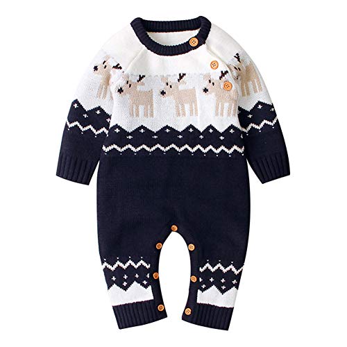 Geagodelia Baby Jungen Mädchen Gestrickter Strampler Weihnachten Babykleidung Schlafstrampler Neugeborene Kleinkinder Weiche Kleidung Weihnachtsoutfit (0-6 Monate, Blau - Elch) von Geagodelia