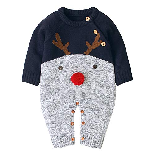 Geagodelia Baby Jungen Mädchen Gestrickter Strampler Weihnachten Babykleidung Schlafstrampler Neugeborene Kleinkinder Weiche Kleidung Weihnachtsoutfit (0-6 Monate, Blau & Grau - Elch) von Geagodelia