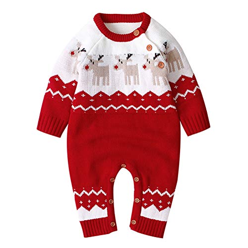 Geagodelia Baby Jungen Mädchen Gestrickter Strampler Weihnachten Babykleidung Schlafstrampler Neugeborene Kleinkinder Weiche Kleidung Weihnachtsoutfit (0-6 Monate, Rot - Elch) von Geagodelia