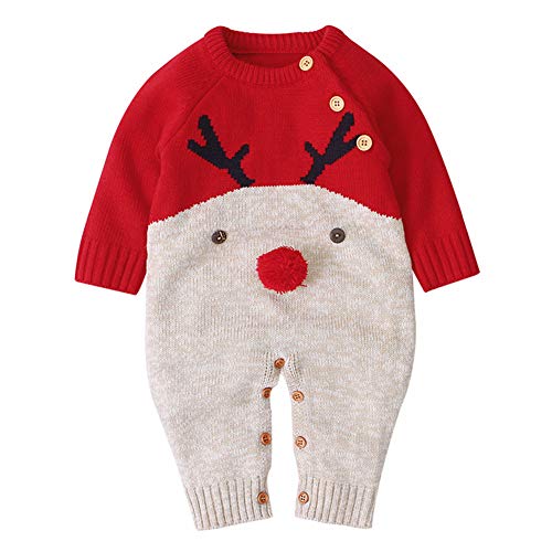 Geagodelia Baby Jungen Mädchen Gestrickter Strampler Weihnachten Babykleidung Schlafstrampler Neugeborene Kleinkinder Weiche Kleidung Weihnachtsoutfit (12-18 Monate, Rot & Beige - Elch) von Geagodelia