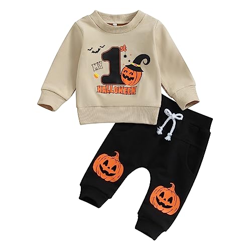 Geagodelia Baby Jungen Mädchen Halloween Kürbis Kleidung Outfit Babykleidung Set Langarmshirt Top + Hose Neugeborene Weiche Babyset My First Halloween (A - Khaki & Schwarz, 12-18 Monate) von Geagodelia