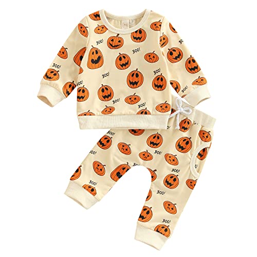 Geagodelia Baby Jungen Mädchen Halloween Kürbis Kleidung Outfit Babykleidung Set Langarmshirt Top + Hose Neugeborene Weiche Babyset My First Halloween (Aprikose 28, 6-12 Monate) von Geagodelia