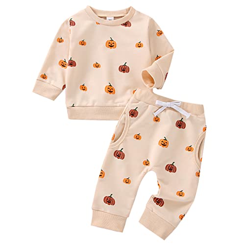 Geagodelia Baby Jungen Mädchen Halloween Kürbis Kleidung Outfit Babykleidung Set Langarmshirt Top + Hose Neugeborene Weiche Babyset My First Halloween (Aprikose 50, 6-12 Monate) von Geagodelia