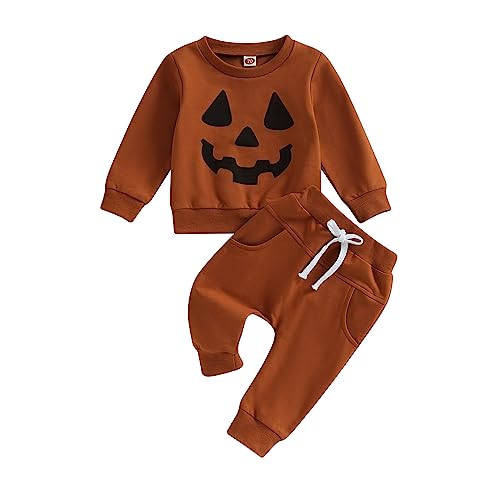 Geagodelia Baby Jungen Mädchen Halloween Kürbis Kleidung Outfit Babykleidung Set Langarmshirt Top + Hose Neugeborene Weiche Babyset My First Halloween (B - Braun, 18-24 Monate) von Geagodelia