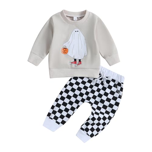 Geagodelia Baby Jungen Mädchen Halloween Kürbis Kleidung Outfit Babykleidung Set Langarmshirt Top + Hose Neugeborene Weiche Babyset My First Halloween (C - Hellgrau, 12-18 Monate) von Geagodelia