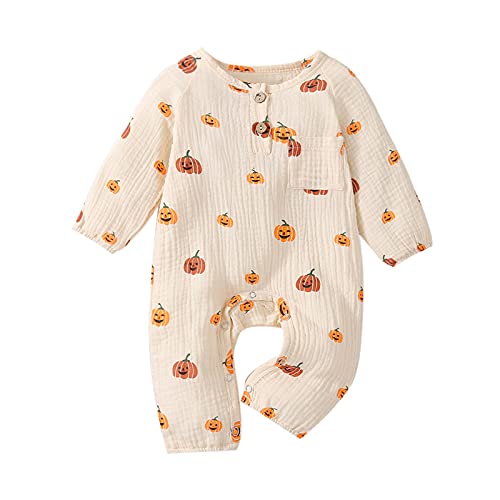 Geagodelia Baby Jungen Mädchen Halloween Strampler Overall Kürbis Kleidung Outfit Babykleidung Neugeborene Weiche Babystrampler My First Halloween (A - Beige, 0-3 Monate) von Geagodelia