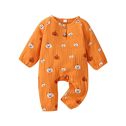 Geagodelia Baby Jungen Mädchen Halloween Strampler Overall Kürbis Kleidung Outfit Babykleidung Neugeborene Weiche Babystrampler My First Halloween (A - Orange, 6-12 Monate) von Geagodelia