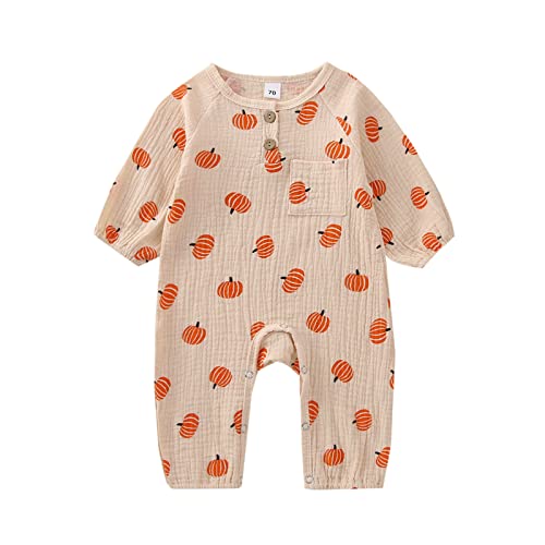 Geagodelia Baby Jungen Mädchen Halloween Strampler Overall Kürbis Kleidung Outfit Babykleidung Neugeborene Weiche Babystrampler My First Halloween (B - Beige, 6-12 Monate) von Geagodelia