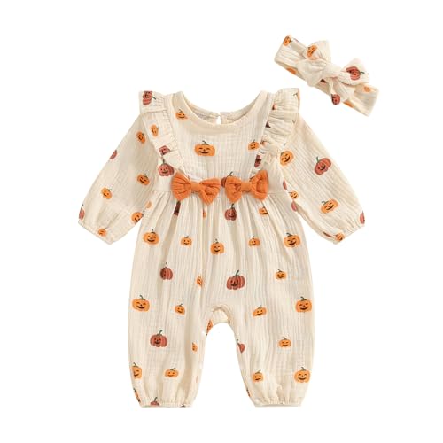 Geagodelia Baby Jungen Mädchen Halloween Strampler Overall Kürbis Kleidung Outfit Babykleidung Neugeborene Weiche Babystrampler My First Halloween (B1 - Beige, 1-3 Monate) von Geagodelia