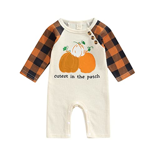 Geagodelia Baby Jungen Mädchen Halloween Strampler Overall Kürbis Kleidung Outfit Babykleidung Neugeborene Weiche Babystrampler My First Halloween (C - Beige, 0-3 Monate) von Geagodelia
