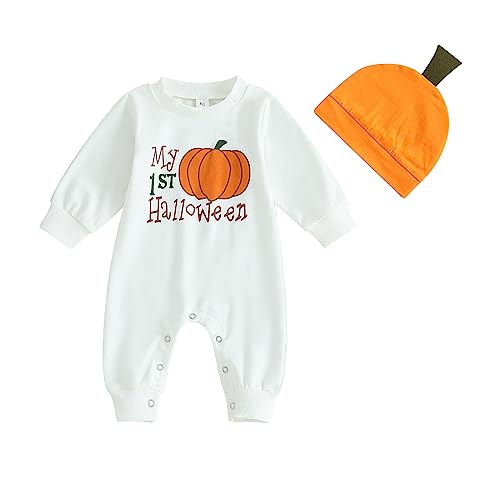 Geagodelia Baby Jungen Mädchen Halloween Strampler Overall Kürbis Kleidung Outfit Babykleidung Neugeborene Weiche Babystrampler My First Halloween (D - Weiß, 0-3 Monate) von Geagodelia
