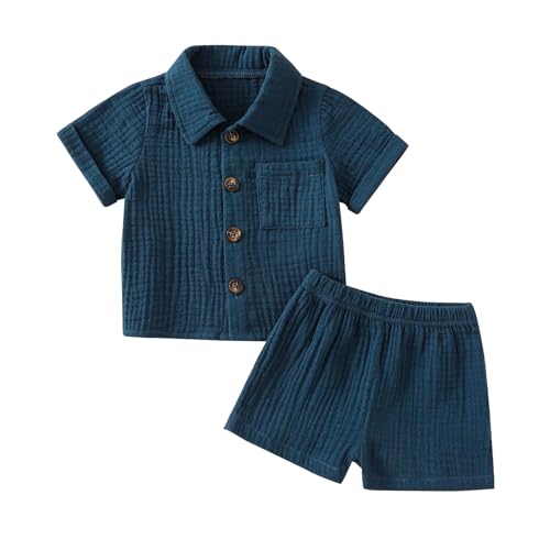 Geagodelia Baby Jungen Mädchen Musselin Kleidung Outfit Babykleidung Set Hemd Top + Hose Shorts Neugeborene Kleinkinder Weiche Babyset Sommer Zweiteiler (Kurzarm - Navy, 0-6 Monate) von Geagodelia