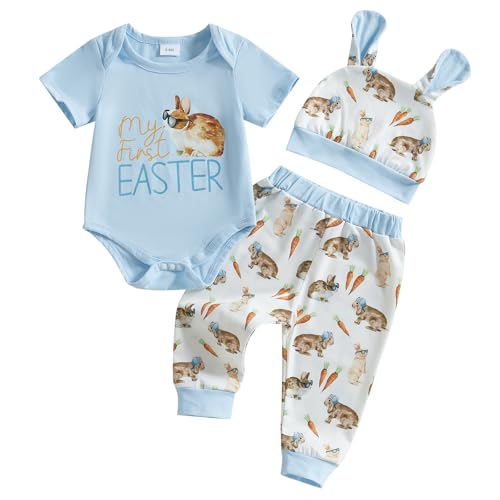 Geagodelia Baby Jungen Mädchen Ostern Kleidung Outfit Osterhase Babykleidung Set Body Top + Hose Neugeborene Weiche Babyset My First Easter (F - Blau, 6-9 Monate) von Geagodelia