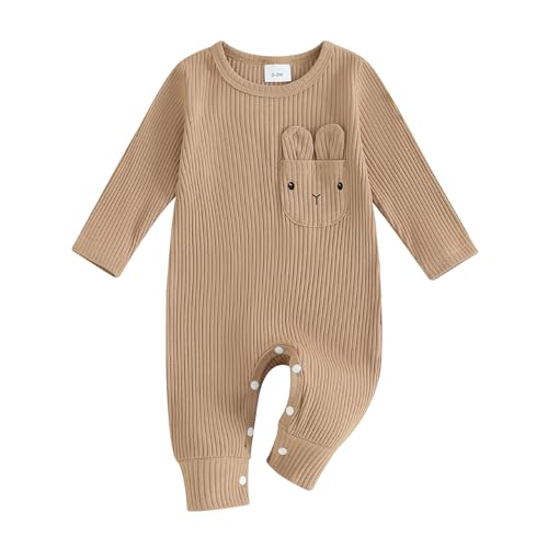 Geagodelia Baby Jungen Mädchen Ostern Strampler Overall Osterhase Kleidung Outfit Babykleidung Neugeborene Weiche Schlafstrampler My First Easter (A - Khaki, 12-18 Monate) von Geagodelia