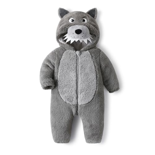 Geagodelia Baby Jungen Mädchen Strampler Overall Tier Monster Kuschelig Fleece Kleidung mit Kapuze Babykleidung Neugeborene Kinder Outfit My First Halloween Winter Herbst (Grau Wolf, 9-12 Monate) von Geagodelia