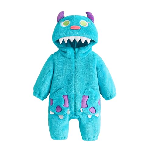 Geagodelia Baby Jungen Mädchen Strampler Overall Tier Monster Kuschelig Fleece Kleidung mit Kapuze Babykleidung Neugeborene Outfit My First Halloween Winter Herbst (Blau Monster 03, 9-12 Monate) von Geagodelia