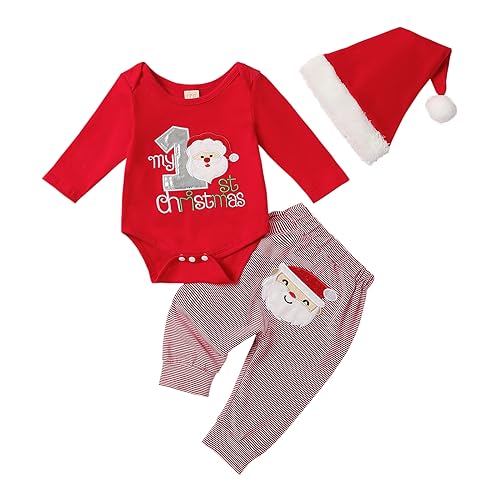 Geagodelia Baby Jungen Mädchen Weihnachten Outfit Kleidung Weihnachtsoutfit Babykleidung Set Langarm Body Strampler + Hose Neugeborene Weiche Babyset My First Christmas (A - Rot, 0-3 Monate) von Geagodelia