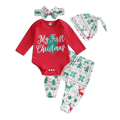 Geagodelia Baby Jungen Mädchen Weihnachten Outfit Kleidung Weihnachtsoutfit Babykleidung Set Langarm Body Strampler + Hose Neugeborene Weiche Babyset My First Christmas (B - Rot, 3-6 Monate) von Geagodelia