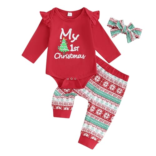 Geagodelia Baby Jungen Mädchen Weihnachten Outfit Kleidung Weihnachtsoutfit Babykleidung Set Langarm Body Strampler + Hose Neugeborene Weiche Babyset My First Christmas (C - Rot, 0-3 Monate) von Geagodelia