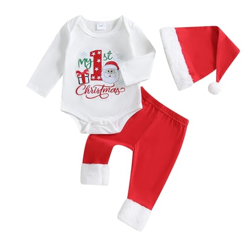 Geagodelia Baby Jungen Mädchen Weihnachten Outfit Kleidung Weihnachtsoutfit Babykleidung Set Langarm Body Strampler + Hose Neugeborene Weiche Babyset My First Christmas (Weiß & Rot 30, 0-3 Monate) von Geagodelia