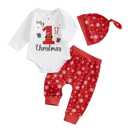 Geagodelia Baby Jungen Mädchen Weihnachten Outfit Kleidung Weihnachtsoutfit Babykleidung Set Langarm Body Strampler + Hose Neugeborene Weiche Babyset My First Christmas (Weiß & Rot 61, 0-3 Monate) von Geagodelia