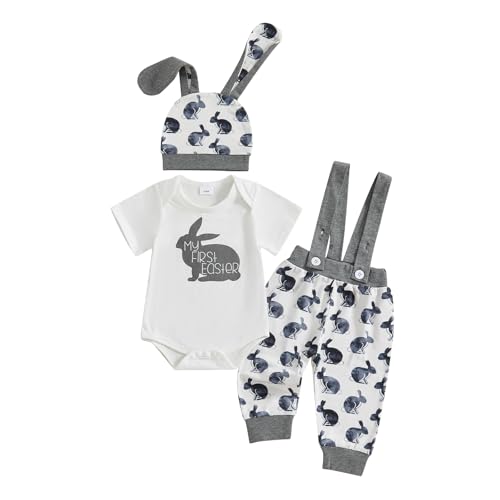 Geagodelia Baby Jungen Ostern Kleidung Outfit Osterhase Babykleidung Set Body Strampler Top + Hose mit Hosenträger Neugeborene Weiche Babyset My First Easter (E - Grau, 6-9 Monate) von Geagodelia