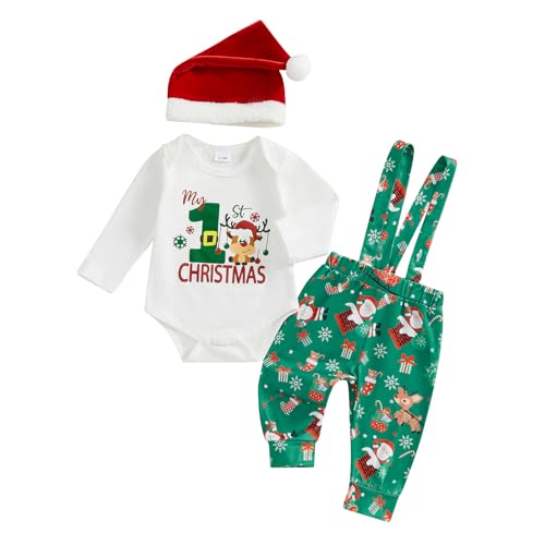 Baby Jungen Weihnachten Outfit Kleidung Weihnachtsoutfit Babykleidung Set Body Strampler + Hose mit Hosenträger Neugeborene Babyset My First Christmas (Weiß & Grün - Elch, 3-6 Monate) von Geagodelia